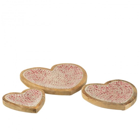 J Line Set 3 Plat Coeur Mosaique Bois De Manguier Rose L26xB26xH2 cm JLine 54943 by Jolipa 54943.