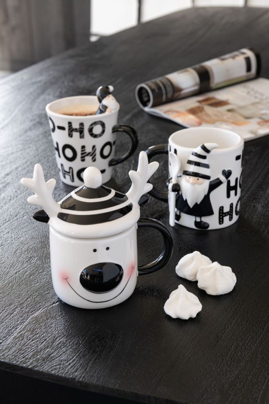 Jolipa Mug Couvercle Renne Dolomite Blanc Noir.
