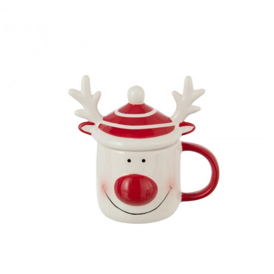 J Line Mug Couvercle Renne Dolomite Blanc Rouge L16xB11xH15 cm Jline 55512 by Jolipa 55512.
