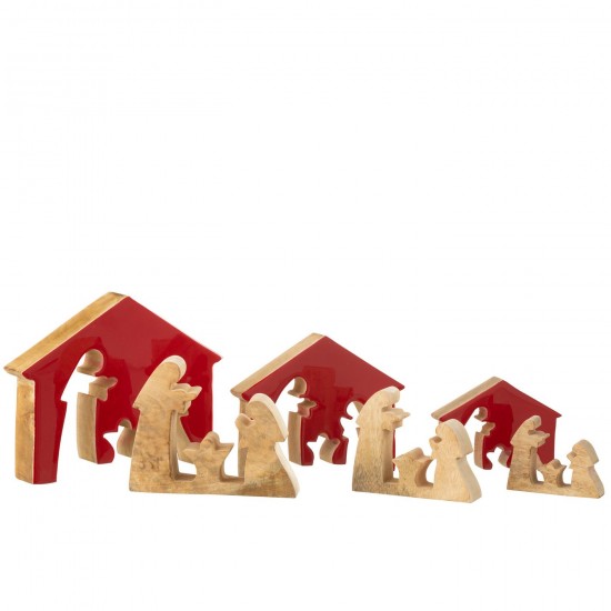 Jolipa Crèche Dans Maison Bois De Manguier Rouge Noël Naturel Large.