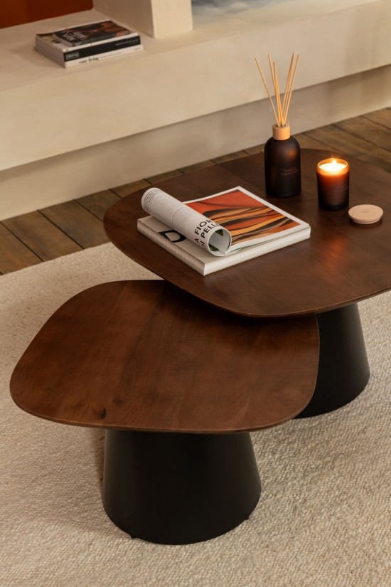 J-Line J Line tables de salon basse Set De 2 Table D Appoint Carré Bois De Manguier Marron Foncé Noir.