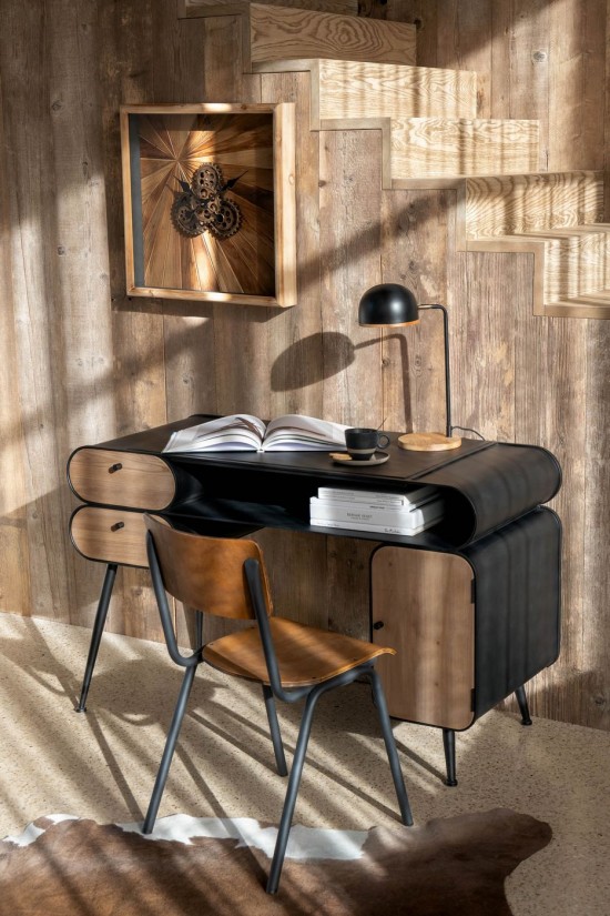 Jolipa Scrivania Legno Di Abete Nero/Beige Chiaro.