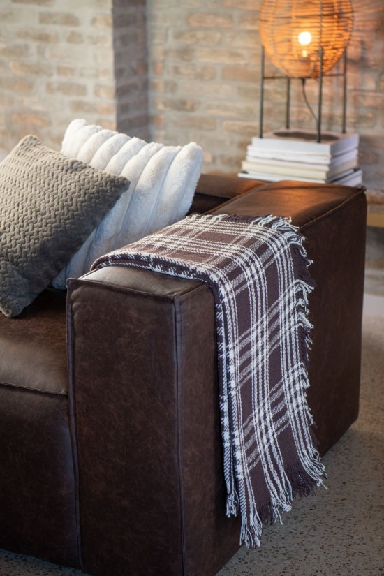 Jolipa Couverture Carreaux Coton Marron Foncé Blanc.