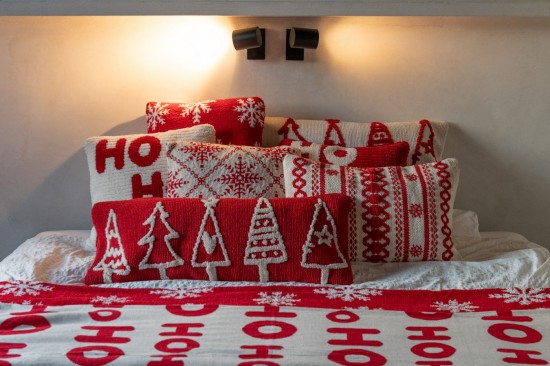 Jolipa Coussin Flocons De Neige Coton Rouge Noël Blanc Assortiment De 2.