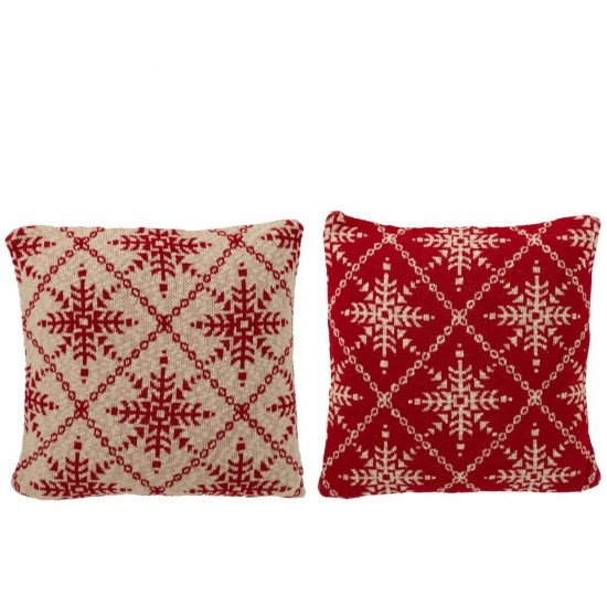 J Line Coussin Flocons De Neige Coton Rouge Noël Blanc L45xB45xH15 cm Jline 56338 by Jolipa 56338 Assortiment de 2 pcs.