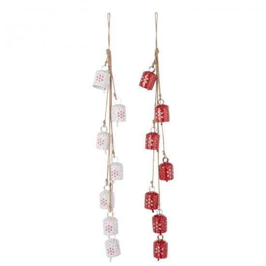 J Line Suspension 7 Cloches Flocons Fer Blanc Rouge Noël L8xB8xH46 cm Jline 56431 by Jolipa 56431 Assortiment de 2 pcs.