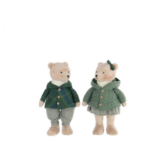 J Line Ours Garçon Girl Polyester Beige Vert Foncé L19xB14xH37 cm Jline 56632 by Jolipa 56632 Assortiment de 2 pcs.