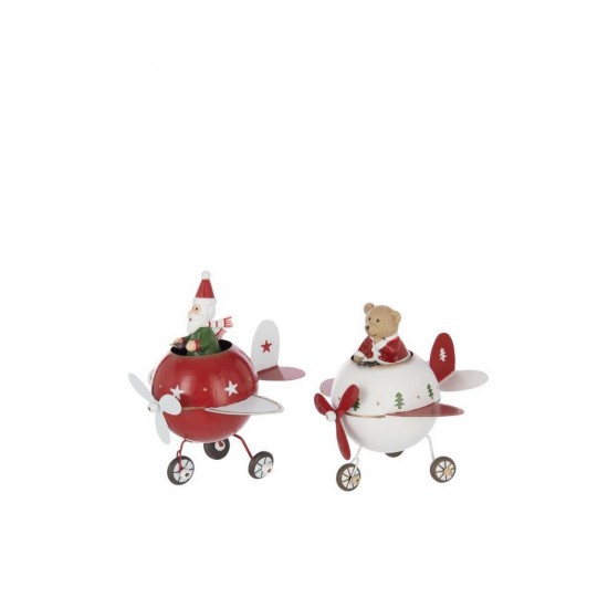 J Line Ours Père Noël Dans Avion Métal Rouge Noël Blanc Large L9xB12xH16 cm Jline 56872 by Jolipa 56872 Assortiment de 2 pcs.