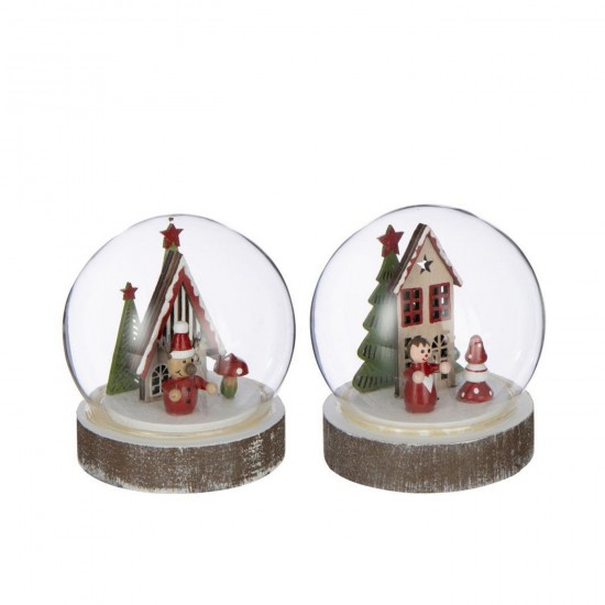 J Line Boule Led Maison Contreplaqué Blanc Rouge Noël L10xB10xH11 cm Jline 56875 by Jolipa 56875 Assortiment de 2 pcs.