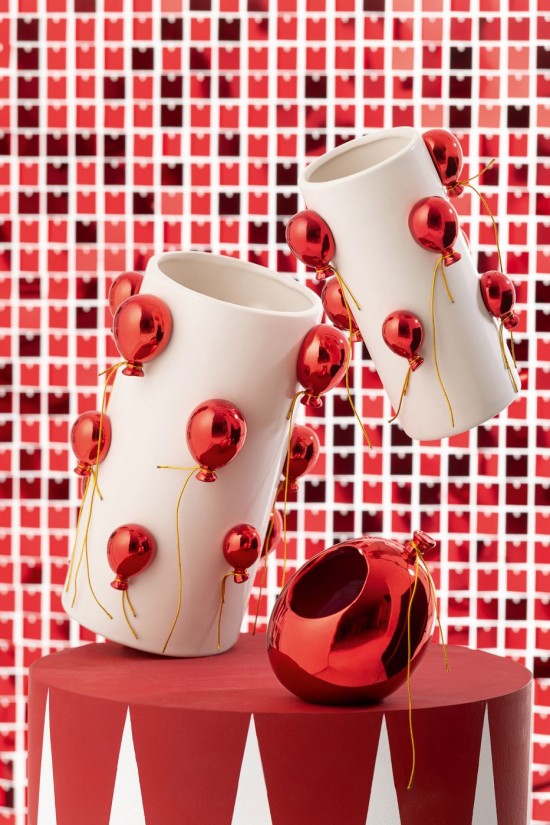 Jolipa Vase Ballon Céramique Blanc Rouge Noël Small.