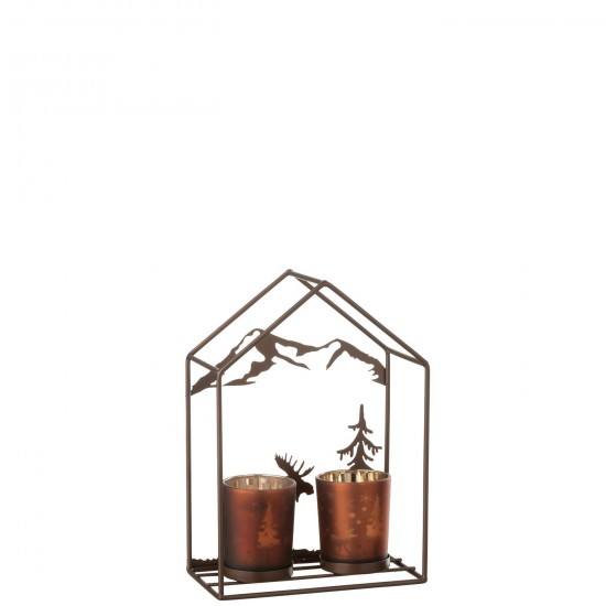 Jolipa Photophore Maison 2 Verres Fer Rouille Marron.