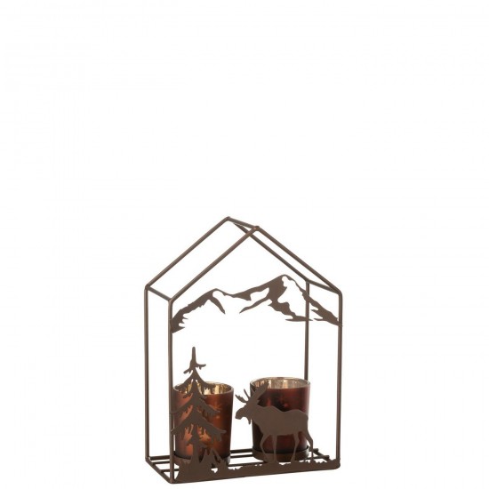 J Line Photophore Maison 2 Verres Fer Rouille Marron L16xB9xH22 cm Jline 58382 by Jolipa 58382.