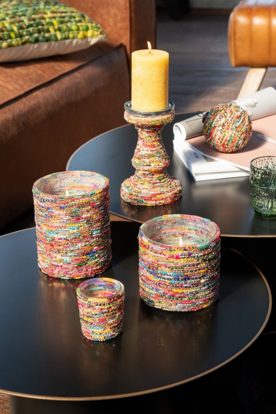 Jolipa Bougeoir Perles Verre Rose Doré.