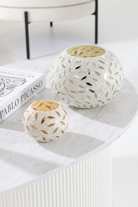 Jolipa Photophore Balle Mosaïque Verre Blanc Cassé Argenté Small.