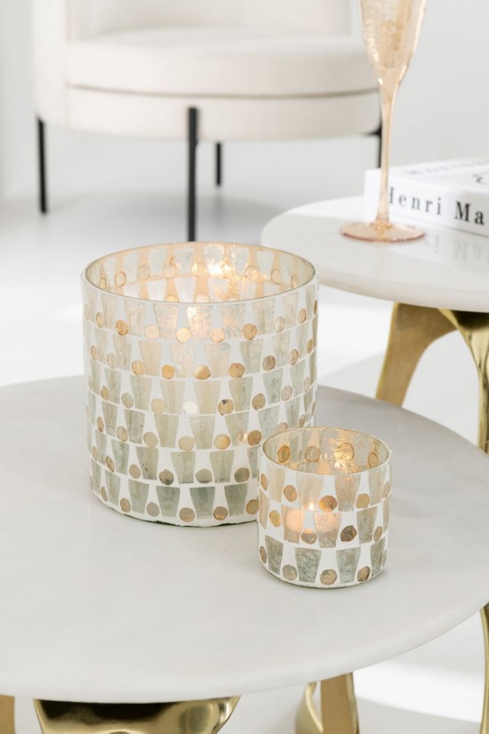 Jolipa Chandelier Cylindre Mosaïque Verre Blanc Cassé Doré Medium.