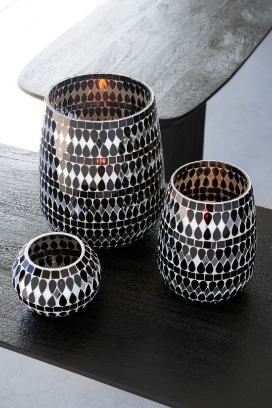 Jolipa Photophore Mosaïque Verre Noir Argenté Medium.