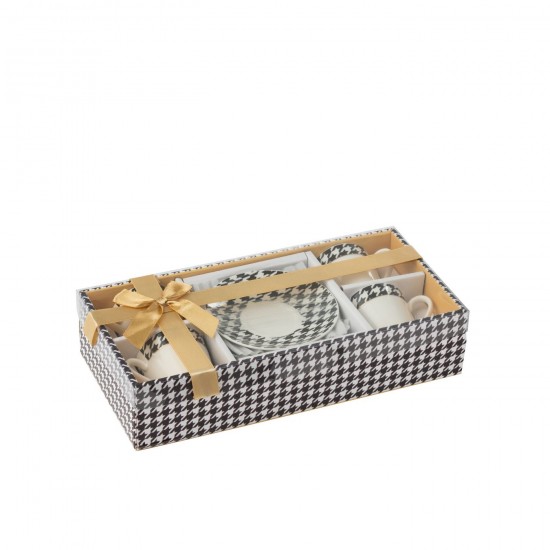 J-Line J Line tasses de cafe avec sous tasses soucoupes Jolipa Boite De 4 Tasse Sous Tasse Pied De Poule Porcelaine Blanc.