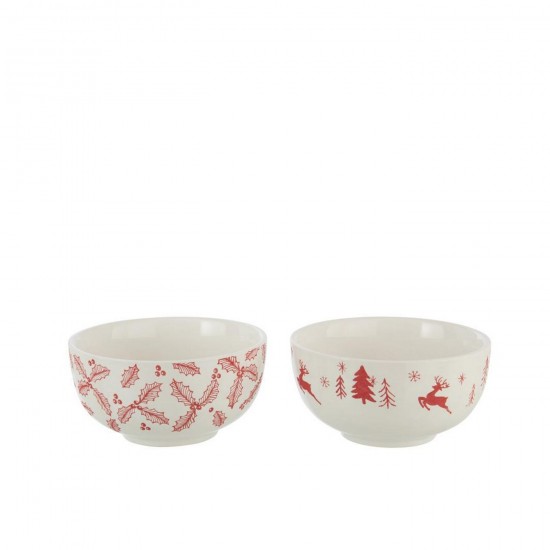 J Line Bol Dolomite Blanc Rouge Noël L16xB16xH8 cm Jline 59132 by Jolipa 59132 Assortiment de 2 pcs.