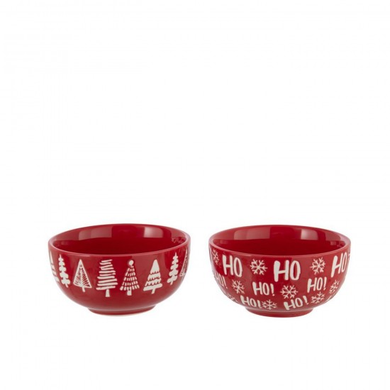 J Line Bol Dolomite Rouge Noël Blanc L16xB16xH8 cm Jline 59133 by Jolipa 59133 Assortiment de 2 pcs.