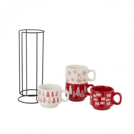 J-Line J Line hivers Jolipa Boite De 4 Tasse Noël Dolomite Blanc Rouge Noël.