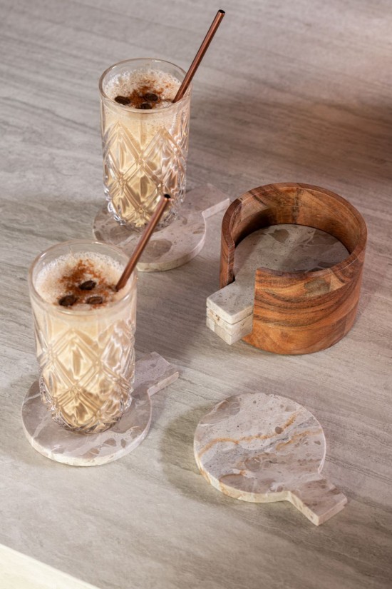 Jolipa Boite De 4 Sous Verre Rond Marbre Beige Marron.