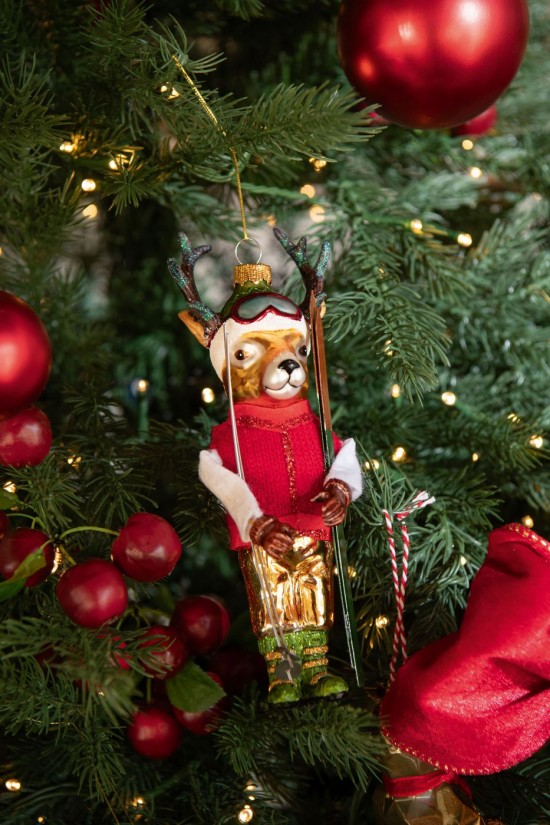 Jolipa Suspension Renne Avec Skis Verre Marron Rouge Noël.