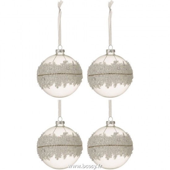 J Line Boite De 4 Boules De Noel Glace Diamant Lignes Verre Transparent Medium Ø10 Jline 6501 by Jolipa 6501