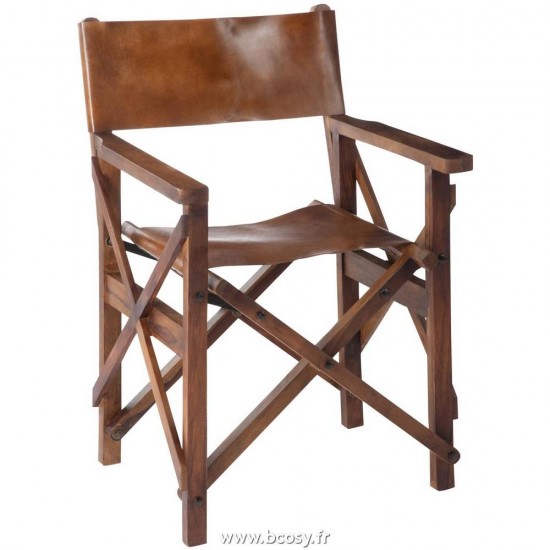 J Line Chaise De Regisseur Pliable Bois Cuir Cognac Jline 65017 by Jolipa 65017