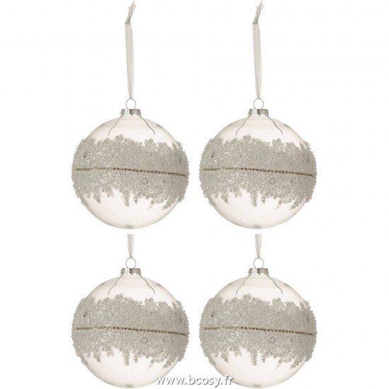 J Line Boite De 4 Boules De Noel Glace Diamant Lignes Verre Transparent Large Ø12 Jline 6502 by Jolipa 6502