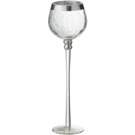J Line Bougeoir Boule Pied Craquele Verre Transparent Argent Large 30H Jline 65148 by Jolipa 65148