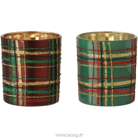 J Line Photophore Quadrille Verre Rouge Vert Small 8H Jline 6563 by Jolipa 6563 Assortiment de 2 pcs