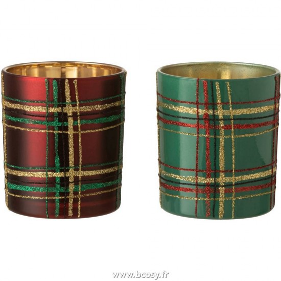 J Line Photophore Quadrille Verre Rouge Vert Large 10H Jline 6564 by Jolipa 6564 Assortiment de 2 pcs