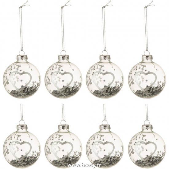 J Line Boite De 8 Boules De Noel Coeur Verre Transparent Argent Small Ø6 Jline 6579 by Jolipa 6579