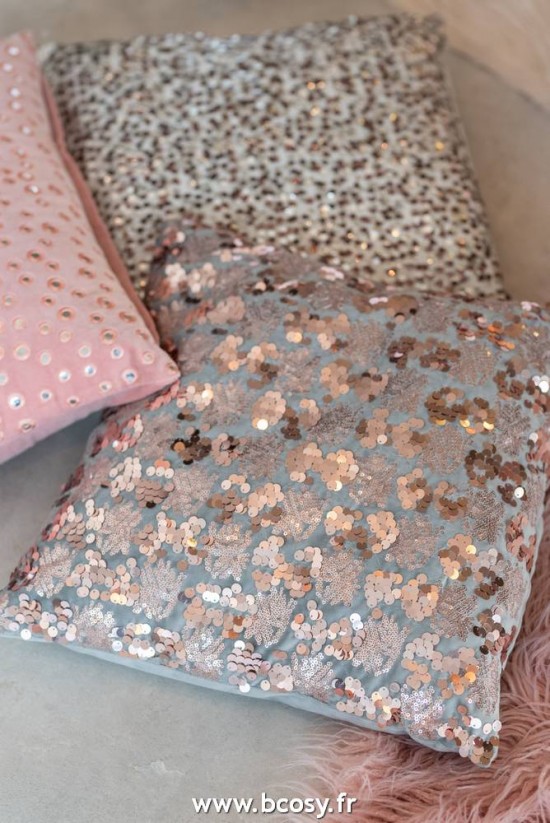 Jolipa Jline Coussin Sequins Velours Gris Rose