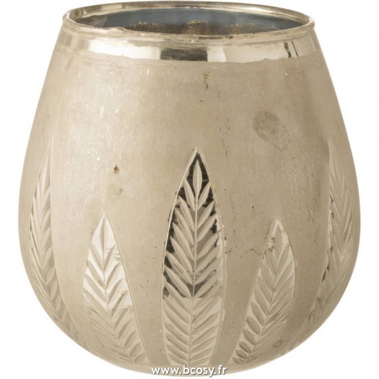 J Line Photophore Feuille Rond Verre Argent Medium 18H Jline 7513 by Jolipa 7513