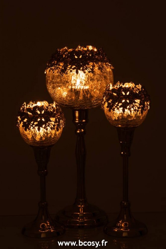 J-Line photophores Photophore Pied Bijou Metal Aluminium Verre Argent Large