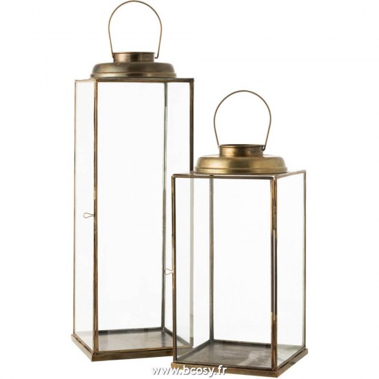 J-Line J Line lanternes photophores Jolipa Lanterne Carree Antique Basse Verre Metal Bronze Large.
