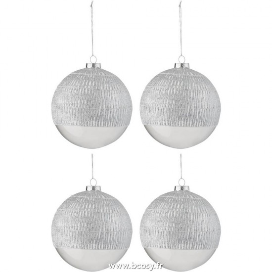 J Line Boite De 4 Boule De Noel Lignes Verre Transparent Argent Large 12H Jline 87699 by Jolipa 87699