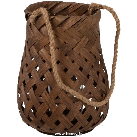 J Line Lanterne Tressee Ronde Bambou/Verre Marron Fonce Small Jline 92230 by Jolipa 92230