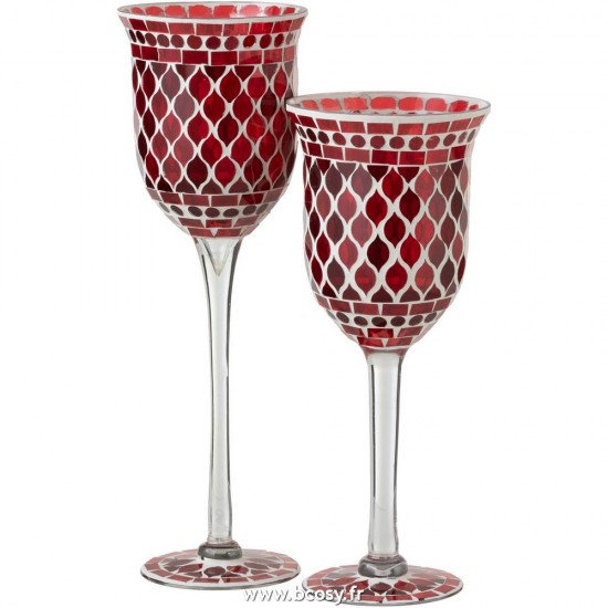 Jolipa Photophore Pied Mosaiques Verre Rouge Blanc Large.