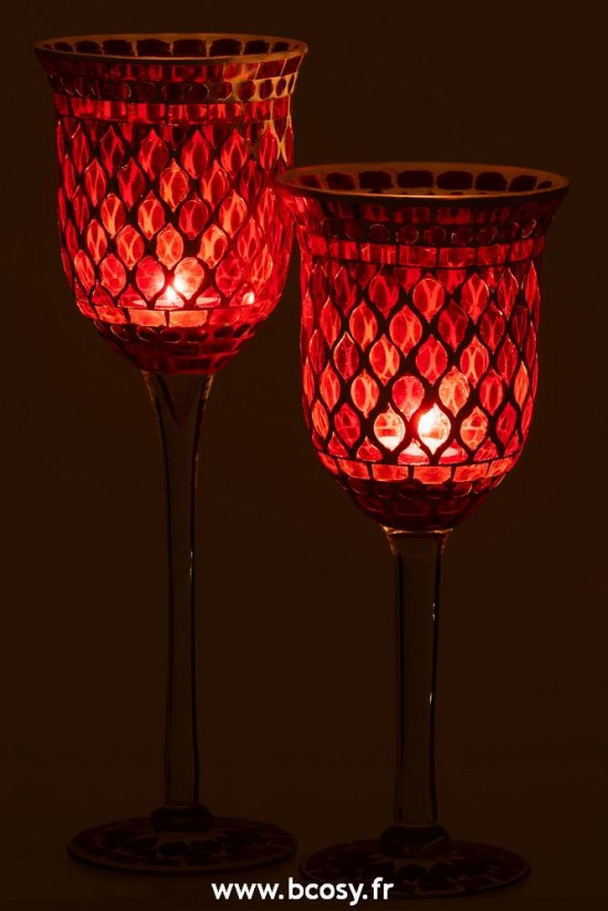 J-Line J Line photophores Photophore Pied Mosaiques Verre Rouge Blanc Large.