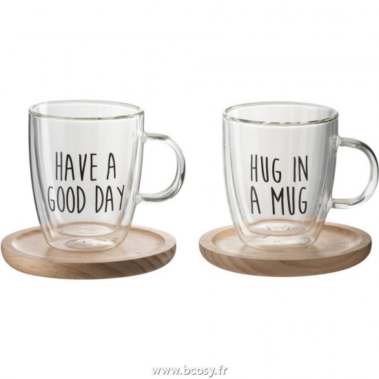 J Line Tasse+Sous Tasse Texte Verre Bois Transparent Noir Naturel 14H Jline 97042 by Jolipa 97042 Assortiment de 2 pcs