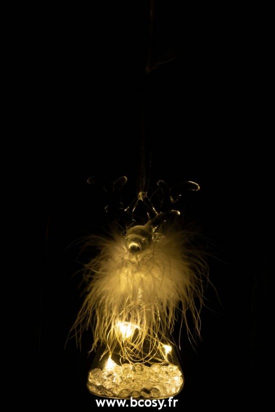 J-Line pendeloques Jolipa Jline Boule De Noel Renne Led Plumes Verre Transparent Small