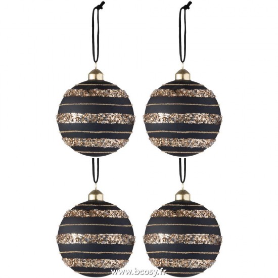 J Line Boite De 4 Boule De Noel Paillettes Verre Mat Noir Or Medium 10H Jline 97614 by Jolipa 97614