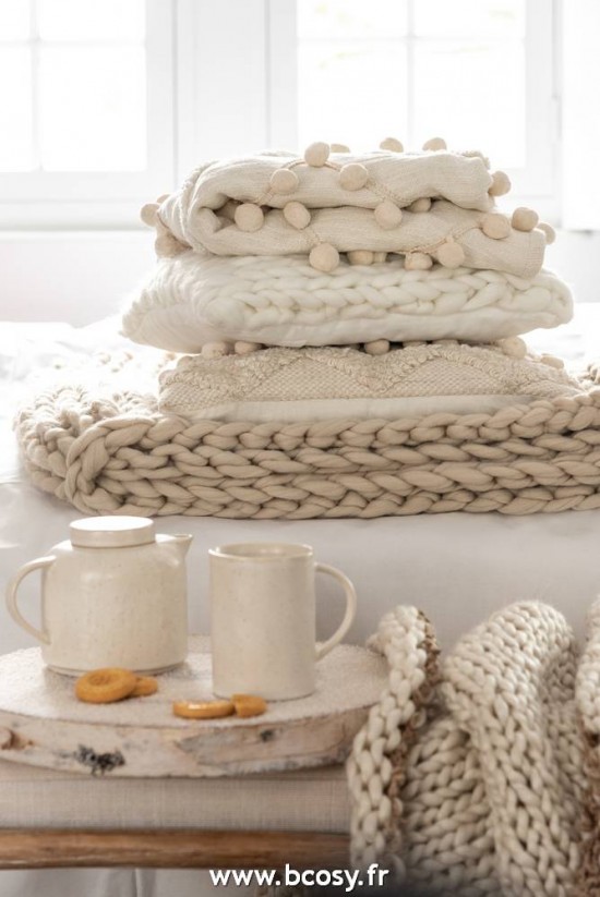 J-Line coussins Coussin Tricote Carre Acrylique Blanc